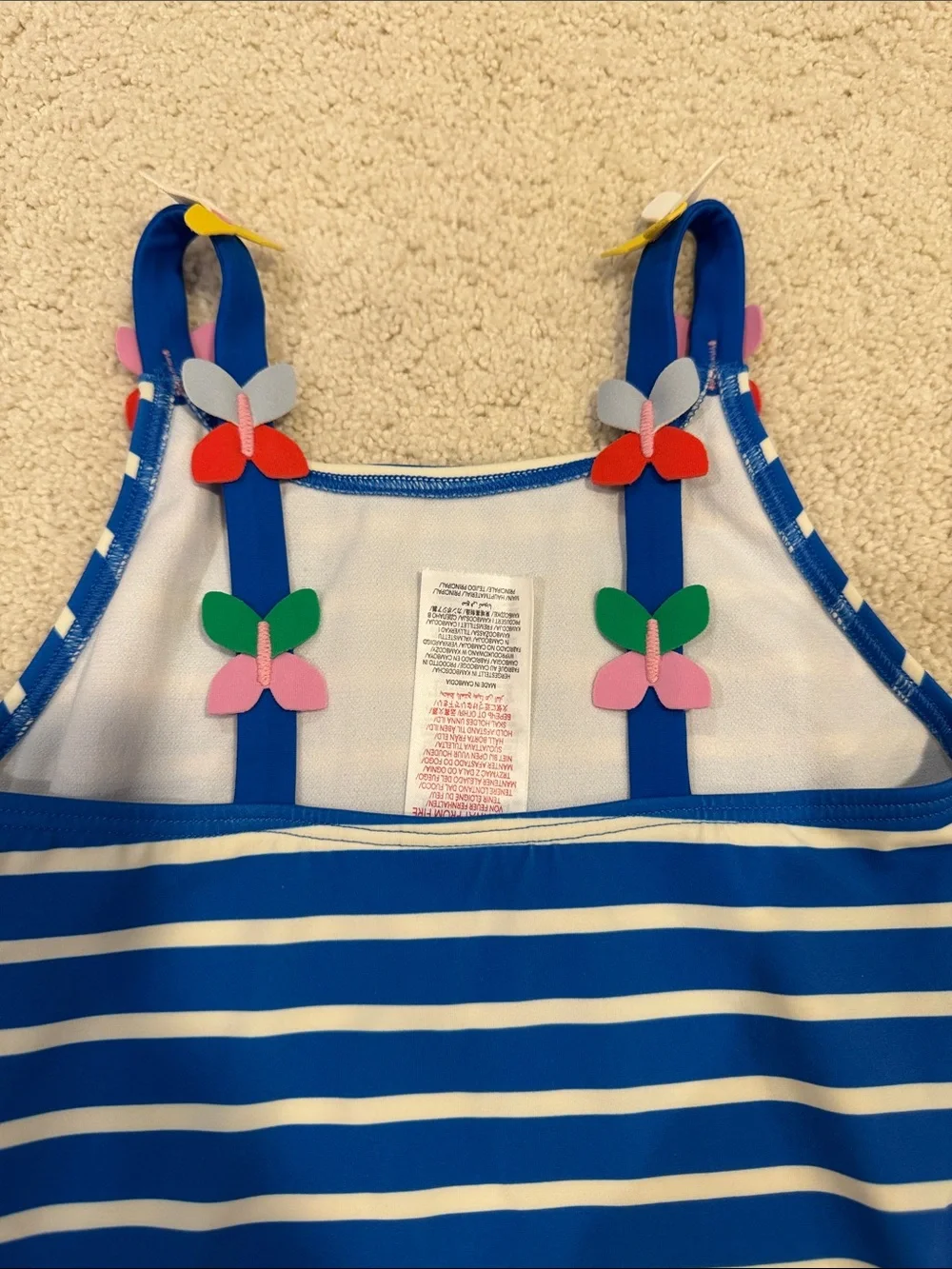 Mini Boden Blue and White Striped One-Piece with Butterfly Strap Accents
